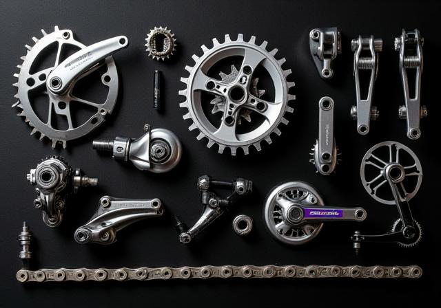 Variedad de componentes de bicicleta, como engranajes y cadenas