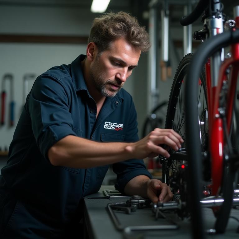 Mecánico ajustando los cambios de una bicicleta en el taller con herramientas especializadas